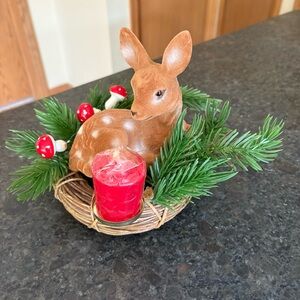 Vintage Kitschy Flocked Deer Christmas Decor Candle Mushrooms Grapevine Greenery